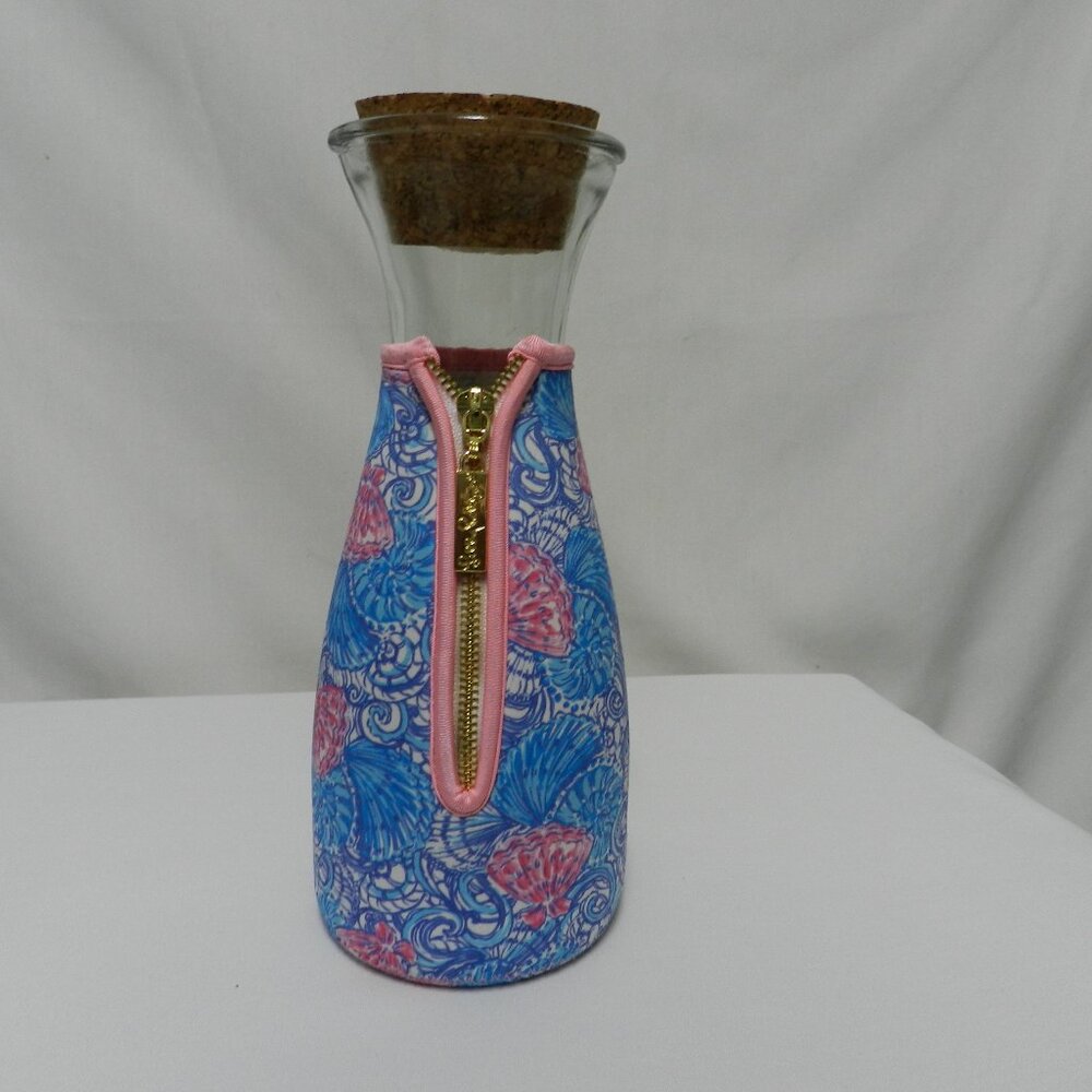 Lilly Pulitzer Raising Shell Glass Carafe Cork stopper & Koozie Sleeve 10" tall